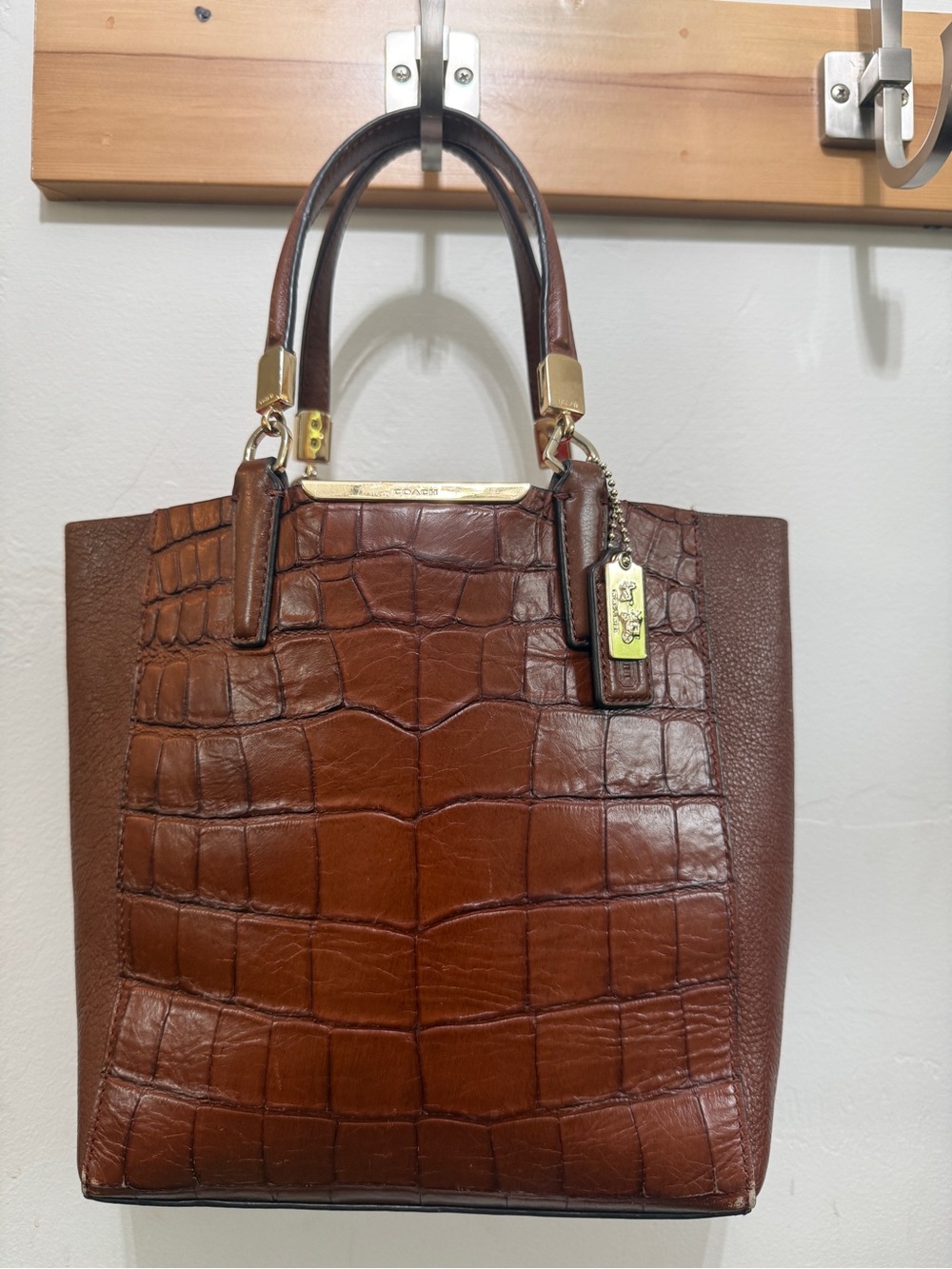 Coach Brown Croc-Embossed Leather Satchel with Gold Hardware